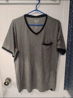 Versus Versace Gray V-Neck Short Sleeve Tee with Black Trim